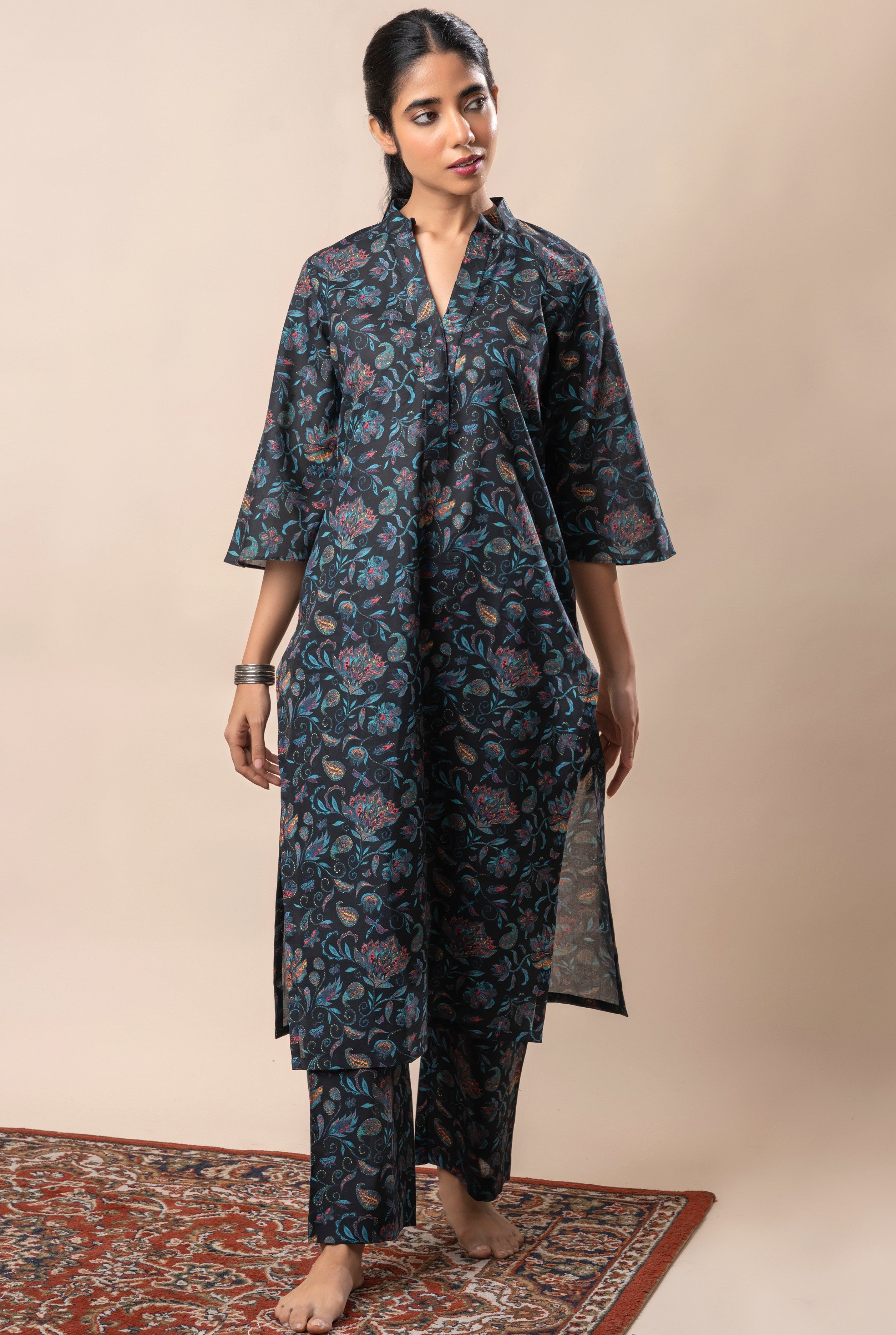 Black Floral Jaal Printed Pure Cotton Straight Kurta Set GulaboSitabo