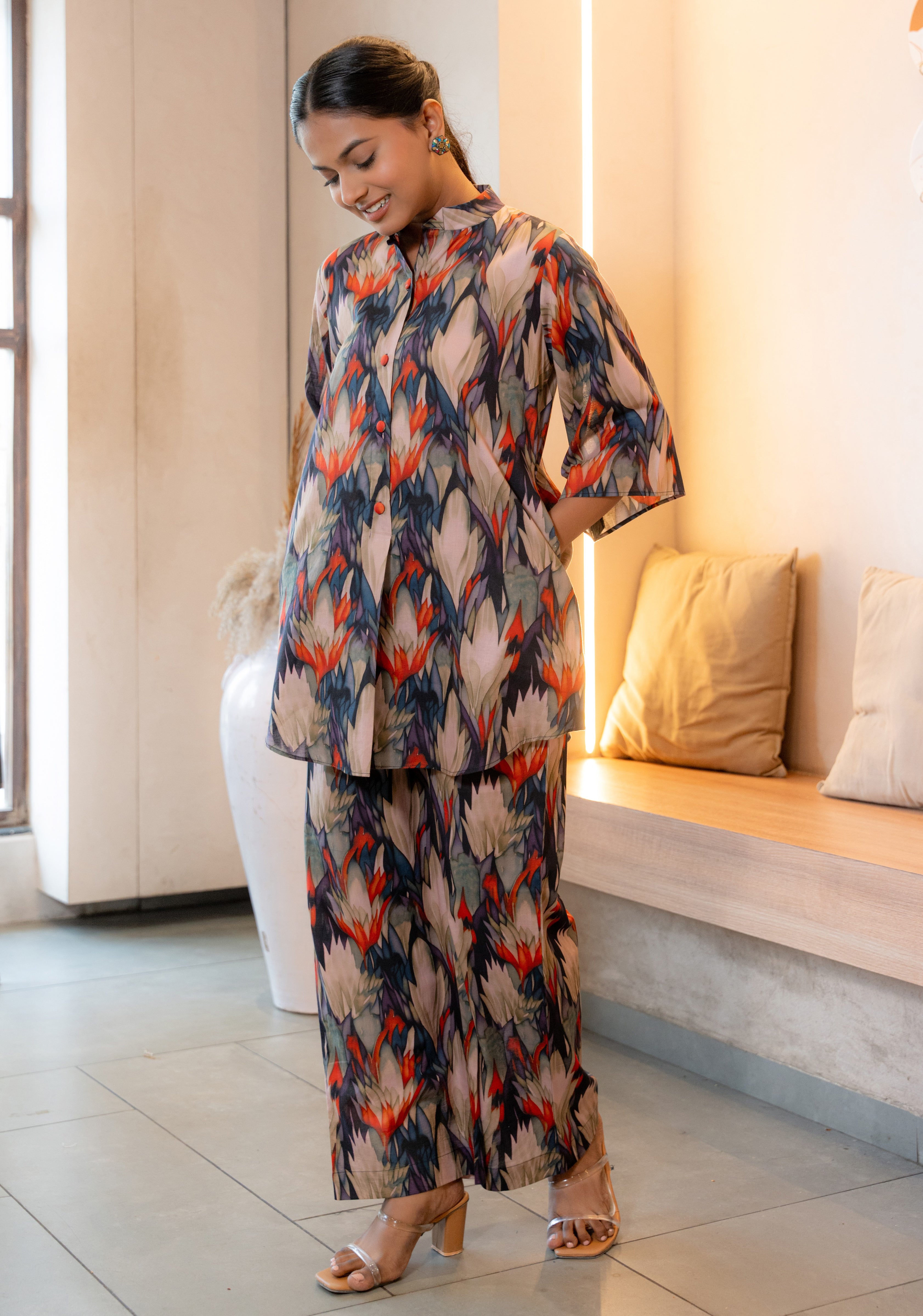 Half Buttoned Bold Flared Printed Pure Cotton Co-ord Set GulaboSitabo