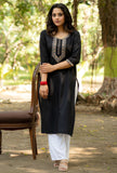 Black Straight Fit Kurti with Thread Embroidered Neckline and Sleeves GulaboSitabo