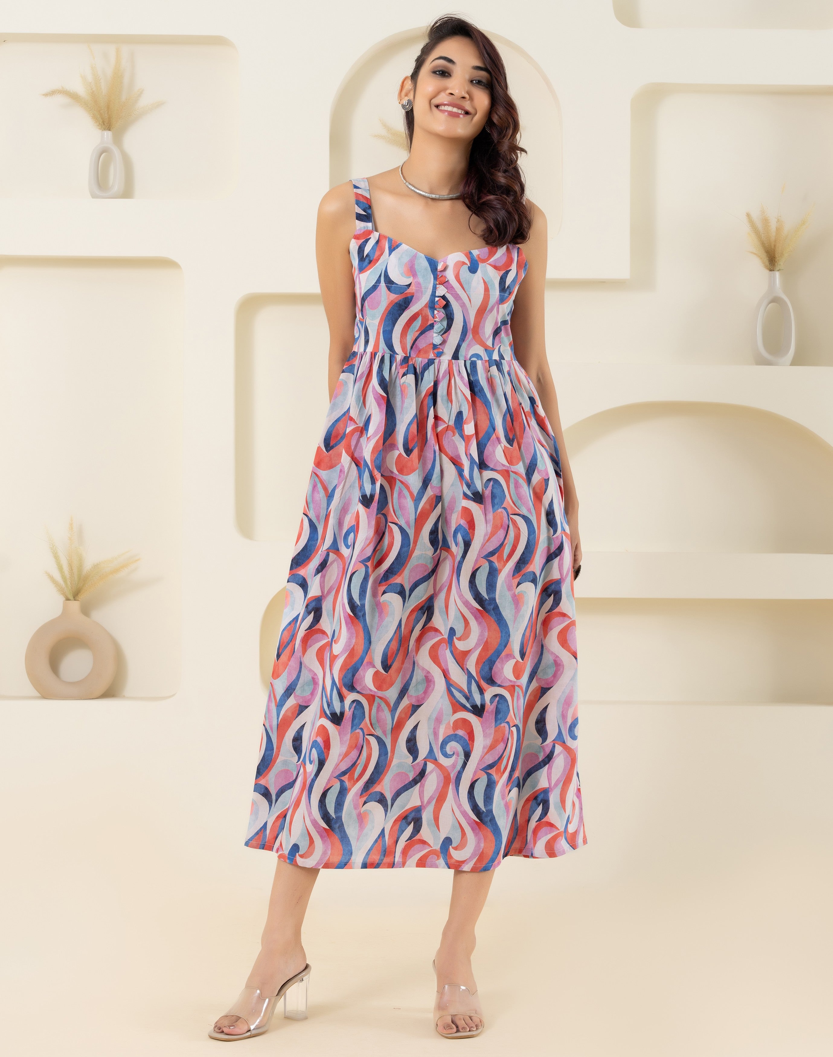 White Sleeveless Pure Cotton Printed Sweet Heart Dress GulaboSitabo