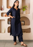 Navy Blue Notched Neck with Button Loops Straight Kurta Set