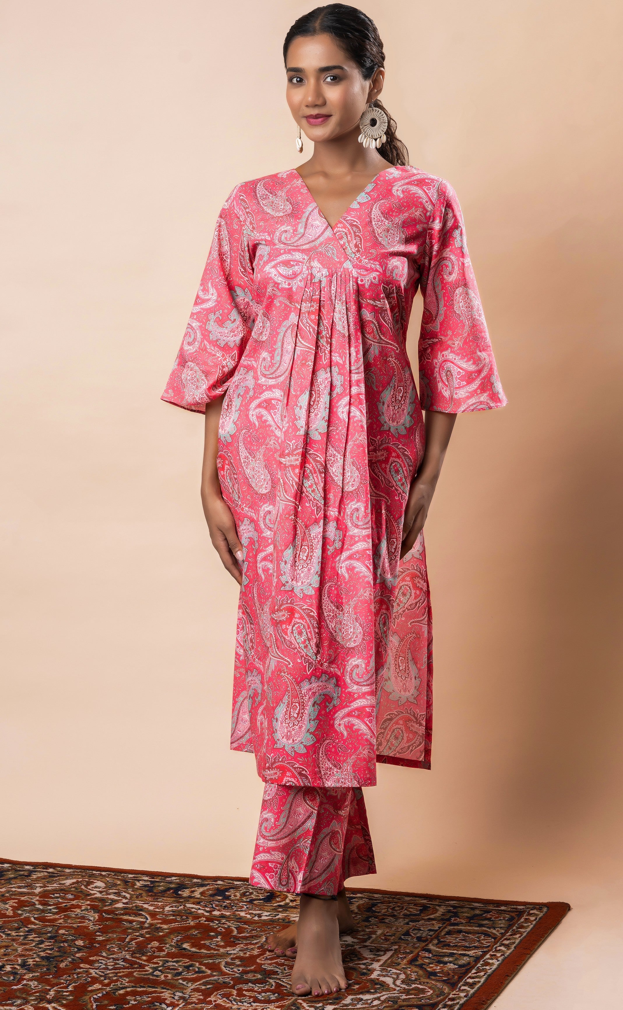 Pink Printed Pure Cotton A-Line Flared Kurta Set GulaboSitabo