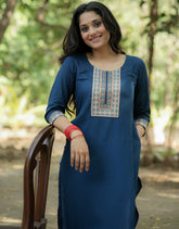 Sapphire Straight Fit Kurti with Thread Embroidered Neckline and Sleeves