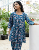 Blue Box Pleated Sweetheart Neckline Floral Printed Pure Cotton Co-ord Set
