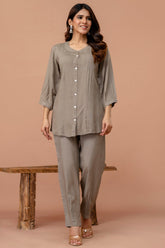 Light Mocha Pleated Band Collar Straight Fit Co-ord Set GulaboSitabo