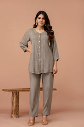 Light Mocha Pleated Band Collar Straight Fit Co-ord Set