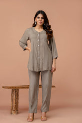 Light Mocha Pleated Band Collar Straight Fit Co-ord Set GulaboSitabo