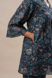Black Floral Jaal Printed Pure Cotton V Neck Flared Co-ord Set GulaboSitabo