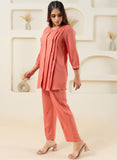 Peach Pleated Flared Solid Co-ord Set