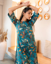 Teal Floral Printed Notched Neck with Broad Sleeve Pure Cotton Straight Kurta GulaboSitabo