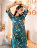 Teal Floral Printed Notched Neck with Broad Sleeve Pure Cotton Straight Kurta