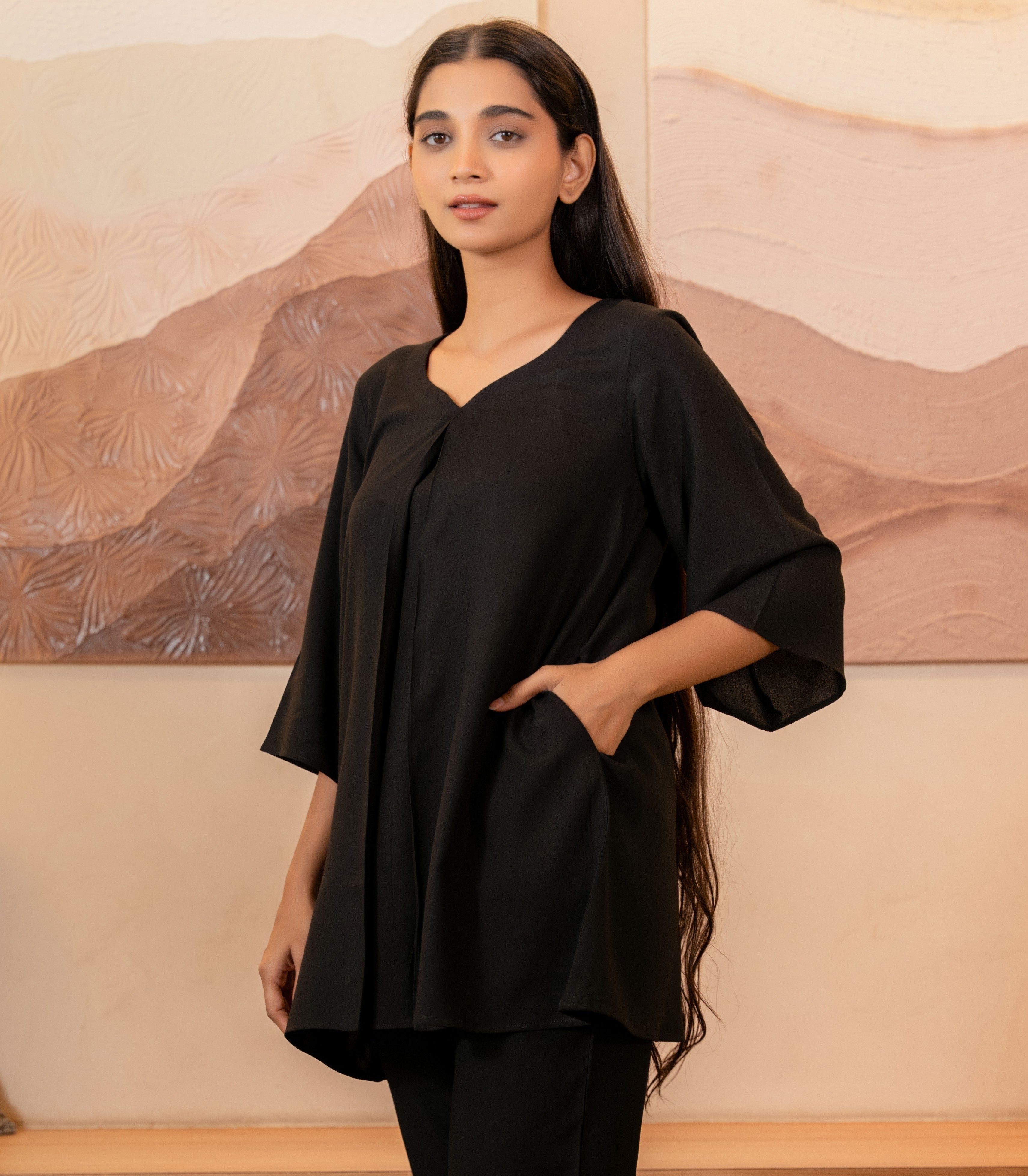 Black Box Pleated with Sweetheart Neck-Line Flared Solid Top GulaboSitabo
