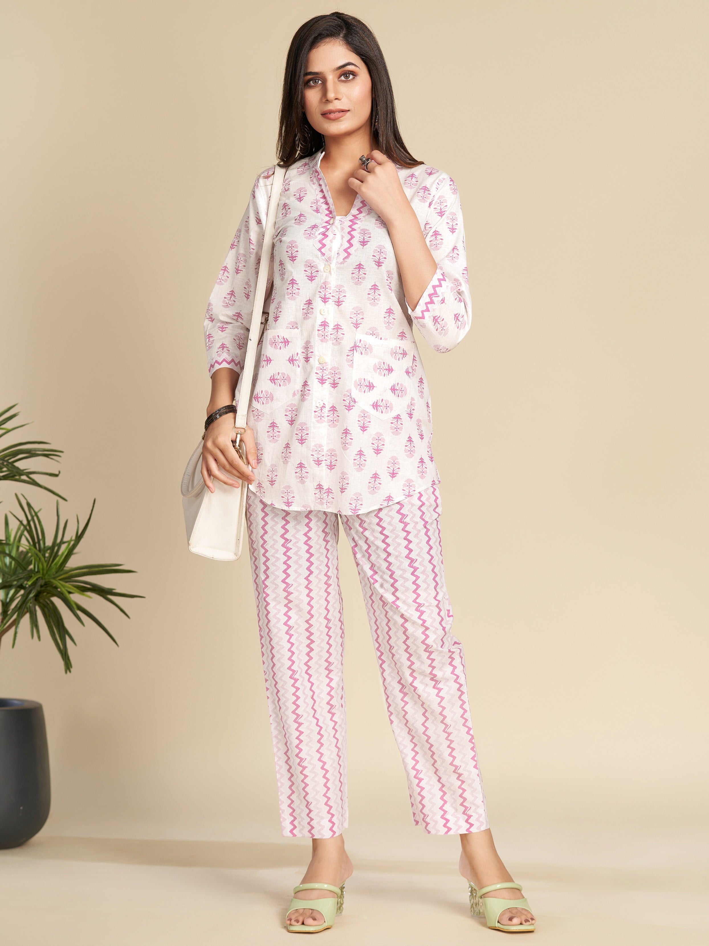 White Printed Pure Cotton Shirt Co-ord Set GulaboSitabo