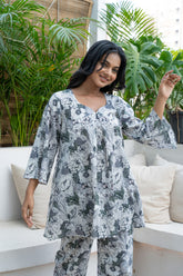 Box Pleated Floral Printed Sweetheart Neckline Pure Cotton Flared Top GulaboSitabo