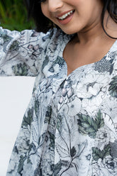 Box Pleated Floral Printed Sweetheart Neckline Pure Cotton Flared Top GulaboSitabo