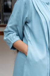 Light Blue Band Collar Front Pleated Shirt with Peasant Sleeve Top GulaboSitabo
