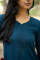 Sapphire Straight Fit Kurti with Embroidered Neckline and Sleeves GulaboSitabo