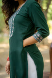 Green Straight Kurti with Kashmiri Embroidered Neckline And Sleeve