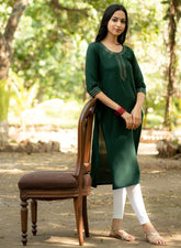 Green Straight Kurti with Mirror and Thread Embroidered Neckline And Sleeve GulaboSitabo