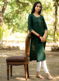Green Straight Kurti with Mirror and Thread Embroidered Neckline And Sleeve