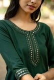 Green Straight Kurti with Mirror and Thread Embroidered Neckline And Sleeve