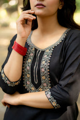 Black Straight Fit Kurti with Thread Embroidered Neckline and Sleeves GulaboSitabo