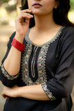 Black Straight Fit Kurti with Thread Embroidered Neckline and Sleeves