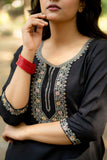 Black Straight Fit Kurti with Thread Embroidered Neckline and Sleeves GulaboSitabo