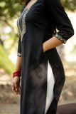 Black Straight Fit Kurti with Thread Embroidered Neckline and Sleeves