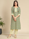 Green Floral Block Printed Pure Cotton Kurta Set