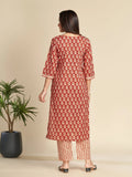 Red Notched Collar Printed Pure Cotton Kurta Set GulaboSitabo