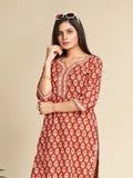 Red Notched Collar Printed Pure Cotton Kurta Set GulaboSitabo