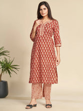 Red Notched Collar Printed Pure Cotton Kurta Set GulaboSitabo