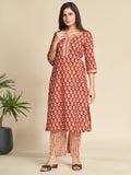 Red Notched Collar Printed Pure Cotton Kurta Set