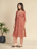 Red Notched Collar Printed Pure Cotton Kurta Set GulaboSitabo