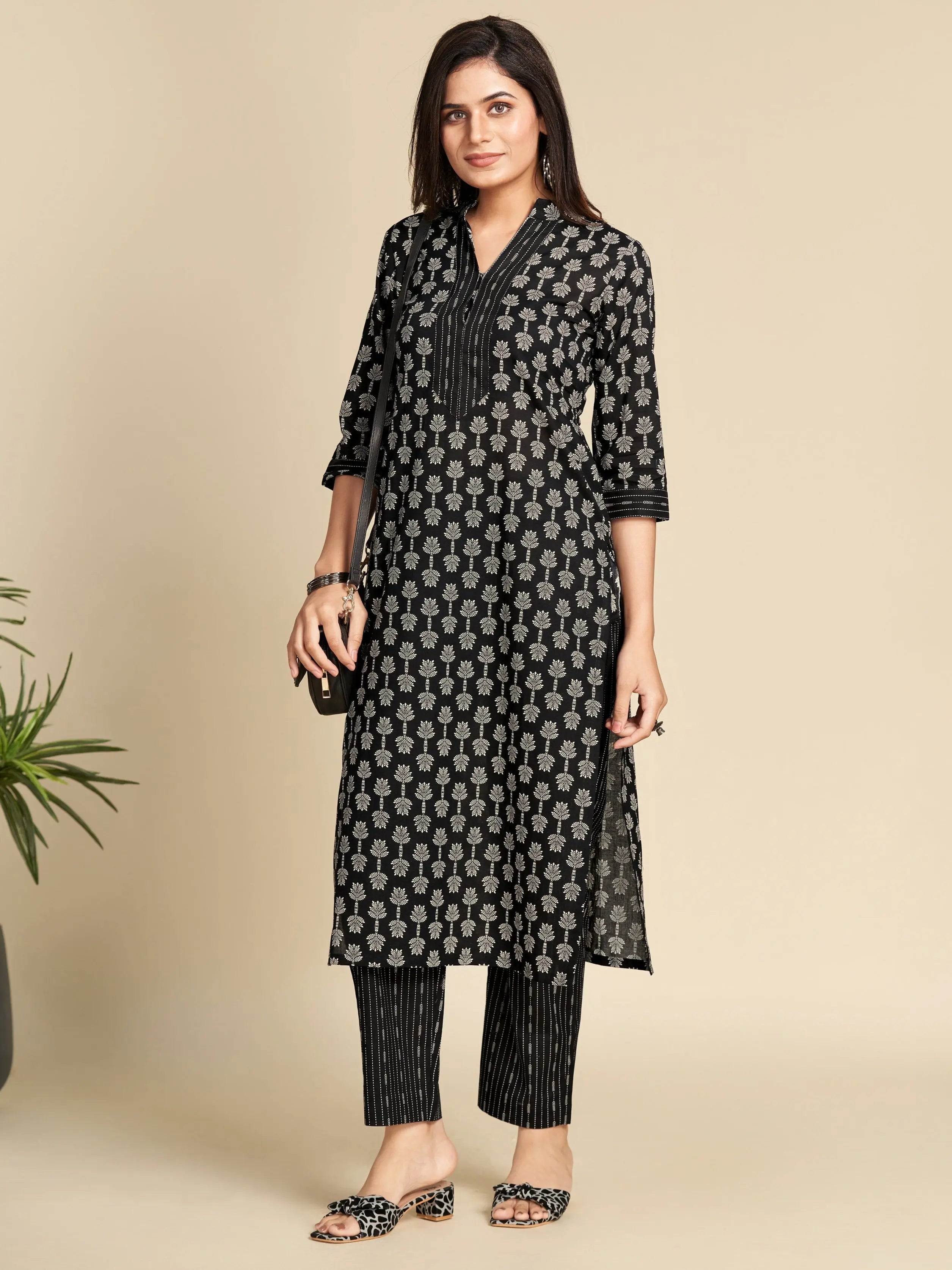 Black Printed Pure Cotton Kurta Set GulaboSitabo