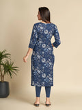 Navy Blue All Over Floral Printed Pure Cotton Straight Kurti GulaboSitabo