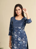 Navy Blue All Over Floral Printed Pure Cotton Straight Kurti GulaboSitabo
