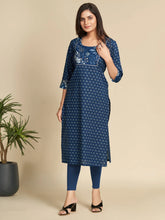 Navy Blue Printed Yoke Design Pure Cotton Kurti GulaboSitabo