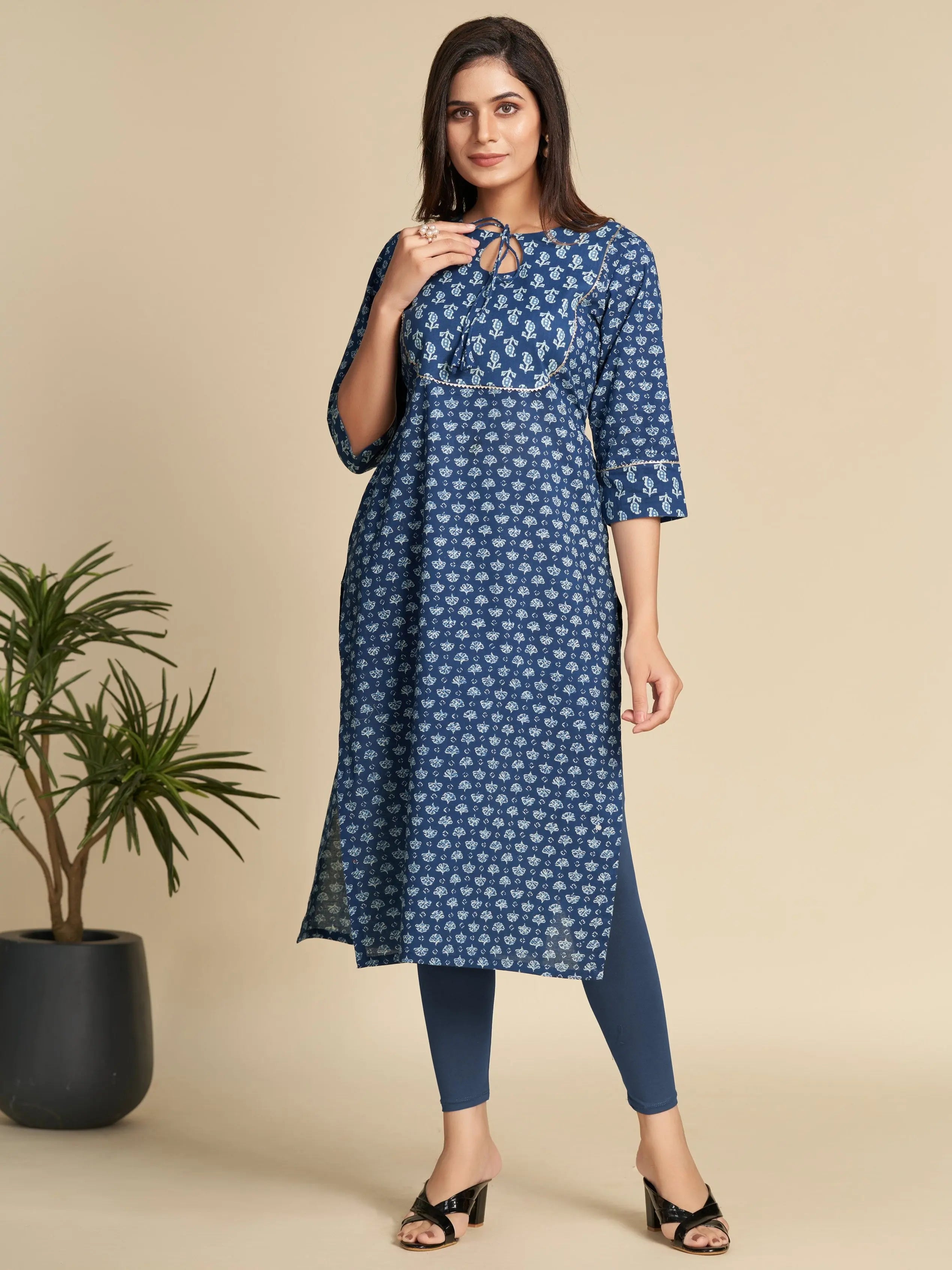 Indigo Printed Pure Cotton Straight Kurta with Tassels GulaboSitabo