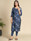 Navy Blue All Over Floral Printed Pure Cotton Straight Kurti