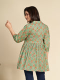 Green Block Printed Flared Pure Cotton Top GulaboSitabo
