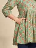 Green Block Printed Flared Pure Cotton Top GulaboSitabo