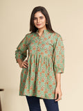 Green Block Printed Flared Pure Cotton Top GulaboSitabo