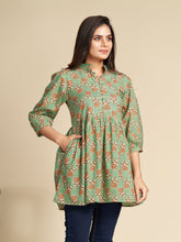 Green Block Printed Flared Pure Cotton Top GulaboSitabo