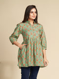 Green Block Printed Flared Pure Cotton Top GulaboSitabo