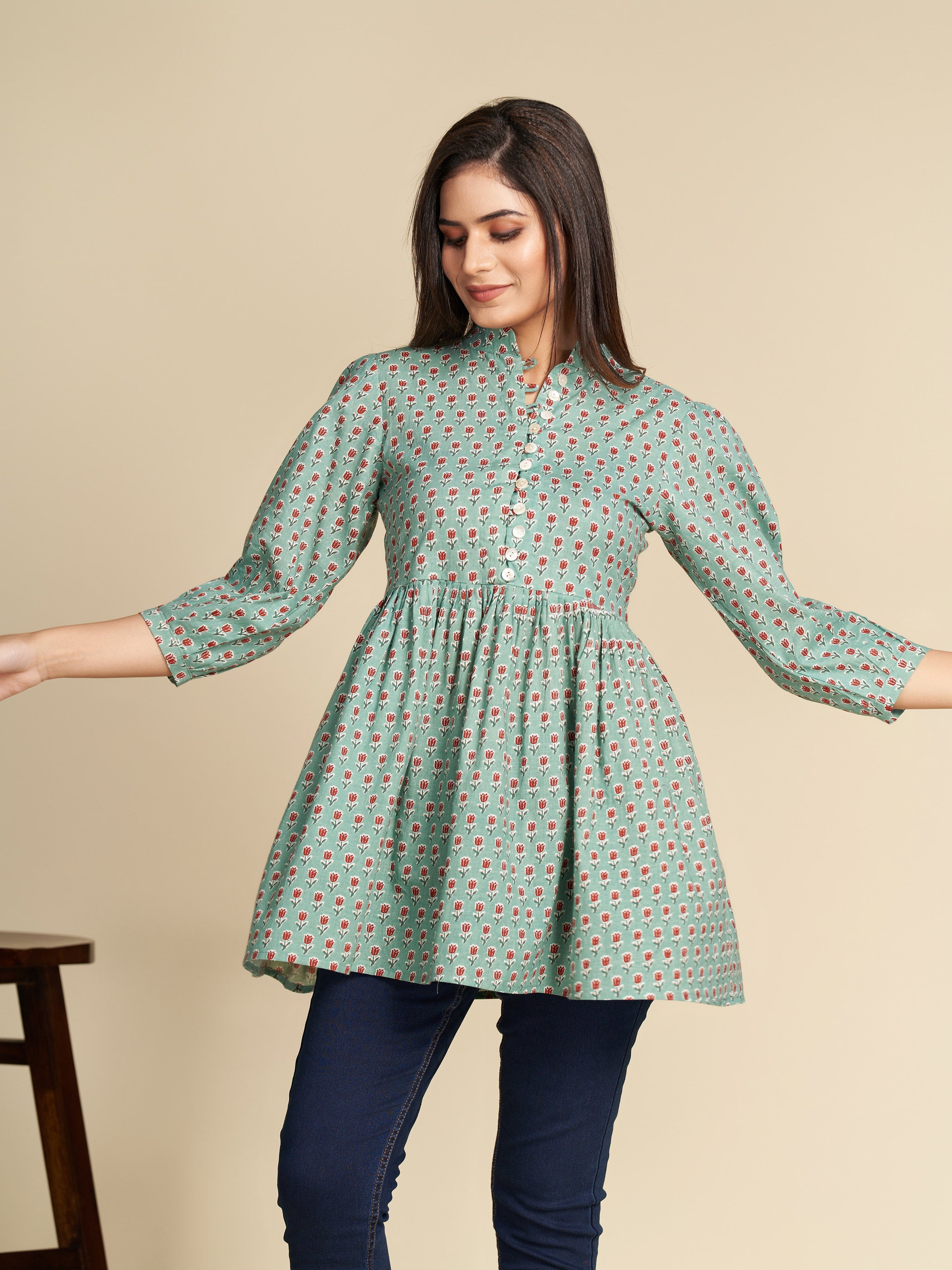 Mint Block Printed Flared Pure Cotton Top GulaboSitabo