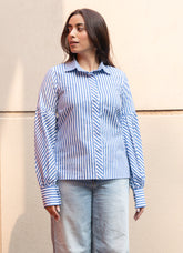 Blue Stripe Pure Cotton Shirt with Puffed Sleeves GulaboSitabo