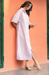Pink Broad Stripe Pure Cotton Shirt Dress GulaboSitabo