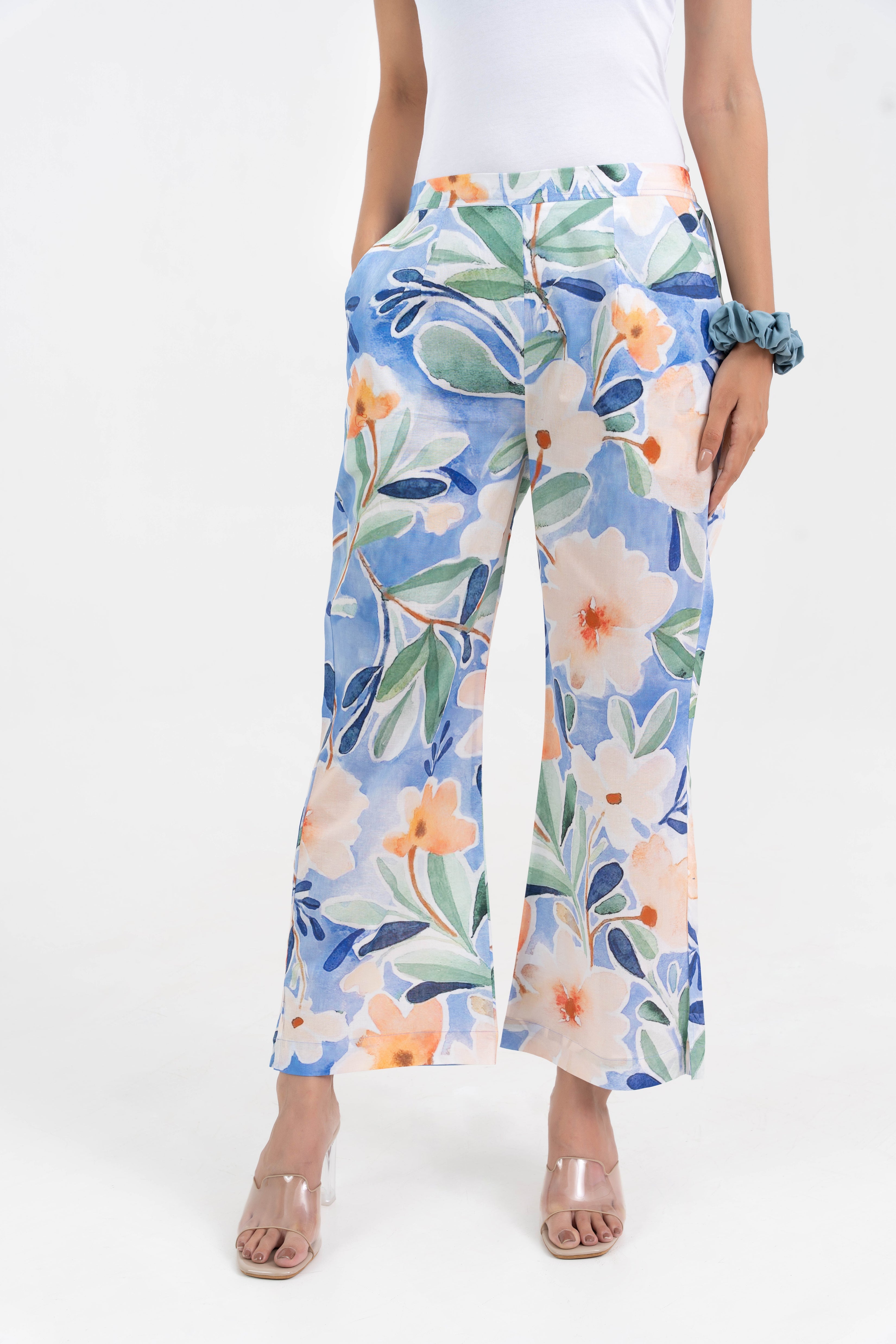 Sky Blue Printed Floral Broad Fit Pure Cotton Pant GulaboSitabo